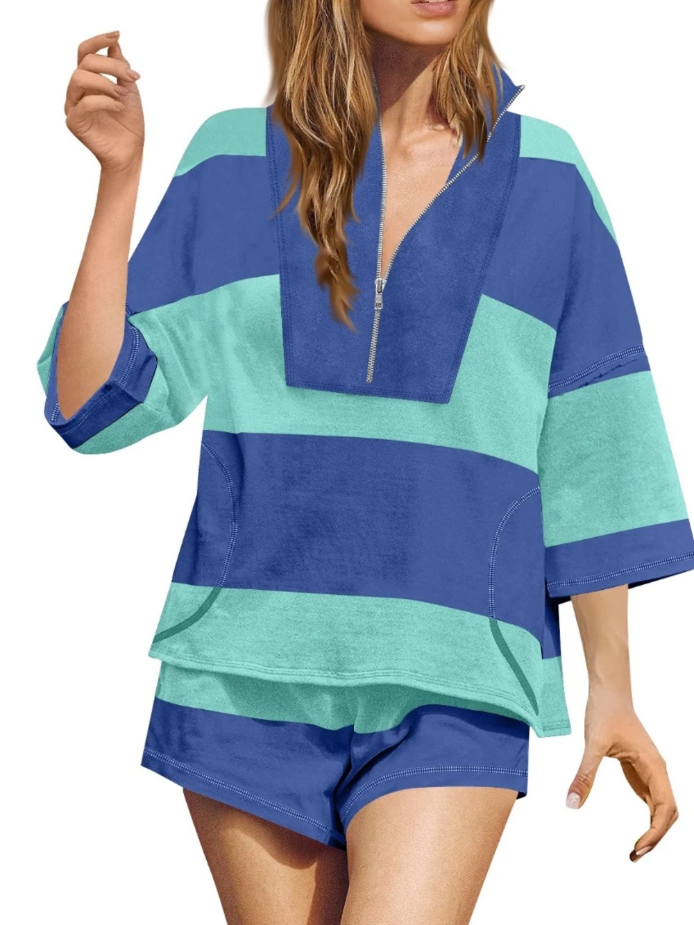 Blue & Aqua Striped Women’s zip shorts set‎ New Large